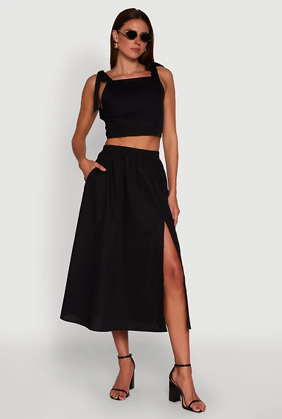 Womens Trendy Poplin High Waisted Side Slit Midi Skirt, Black, Size M