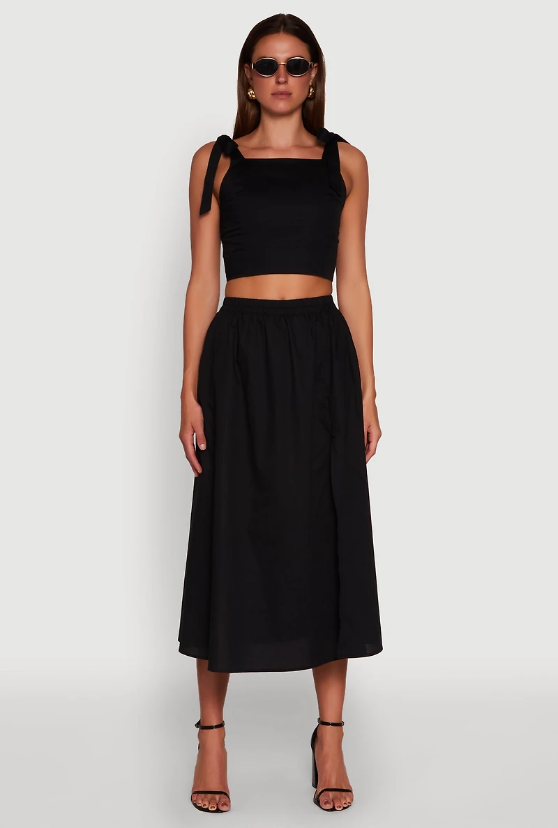 Womens Trendy Poplin High Waisted Side Slit Midi Skirt, L