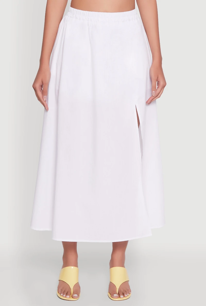 Womens Trendy Poplin High Waisted Side Slit Midi Skirt, White, Size S