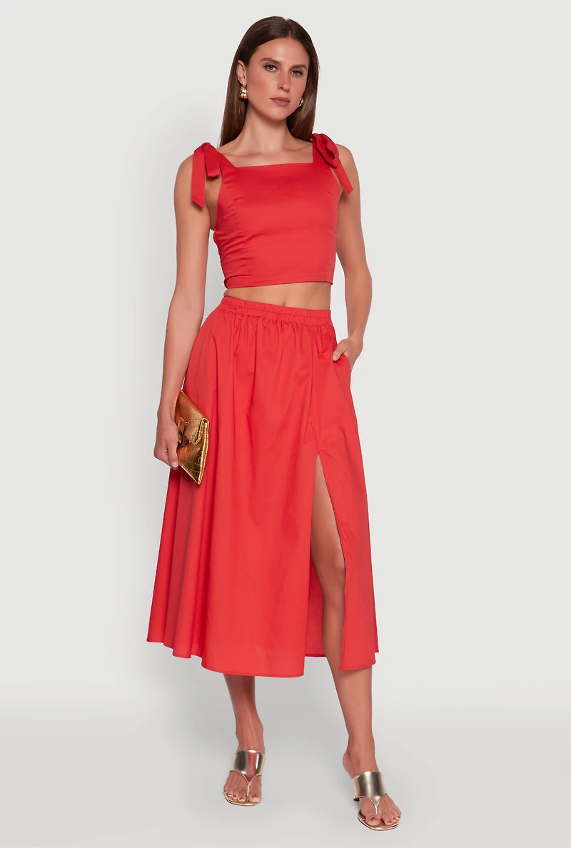 Womens Trendy Poplin High Waisted Side Slit Midi Skirt, Red, Size L