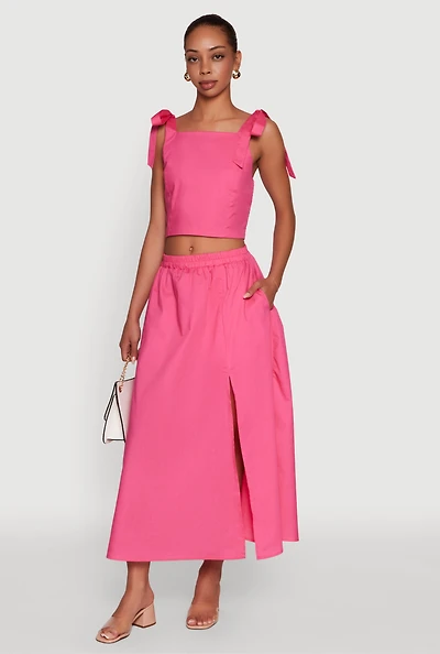 Womens Trendy Poplin High Waisted Side Slit Midi Skirt,