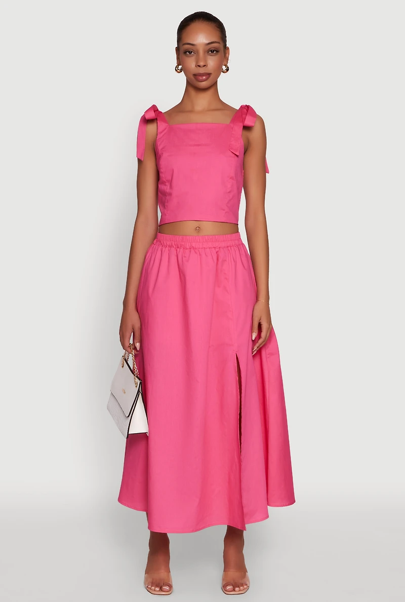 Womens Trendy Poplin High Waisted Side Slit Midi Skirt, Pink,