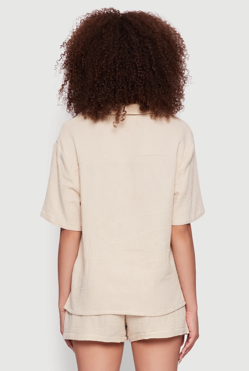 Womens Trendy Gauze Knit Short Sleeve Classic Fit Camp Shirt,