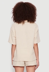Womens Trendy Gauze Knit Short Sleeve Classic Fit Camp Shirt, Beige, Size L