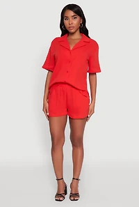 Womens Trendy Gauze Knit Short Sleeve Classic Fit Camp Shirt, Red,