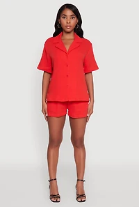 Womens Trendy Gauze Knit Short Sleeve Classic Fit Camp Shirt, Red,