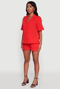 Womens Trendy Gauze Knit Short Sleeve Classic Fit Camp Shirt, Red,