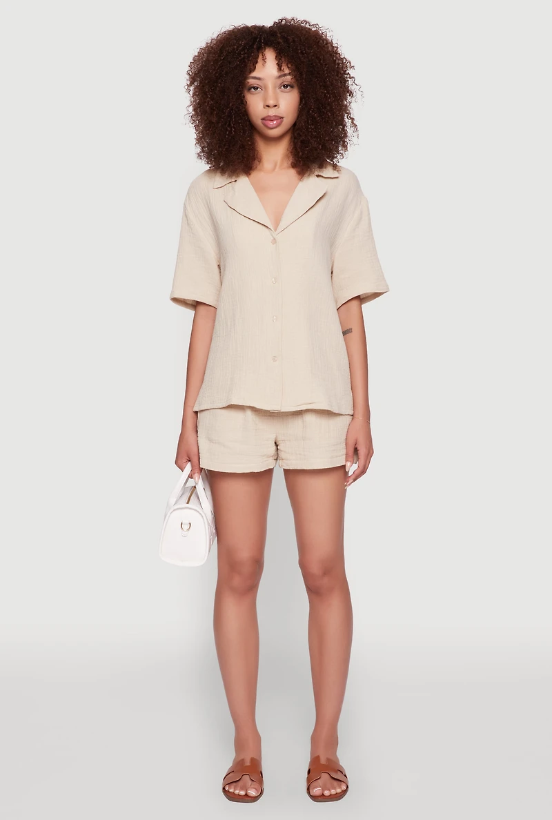 Womens Trendy Gauze Knit High Waisted Pull On Shorts with Pockets,