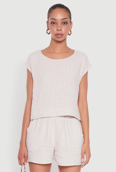 Womens Linen Pinstripe Scoop Neck Cap Sleeve Top, Beige, Size L