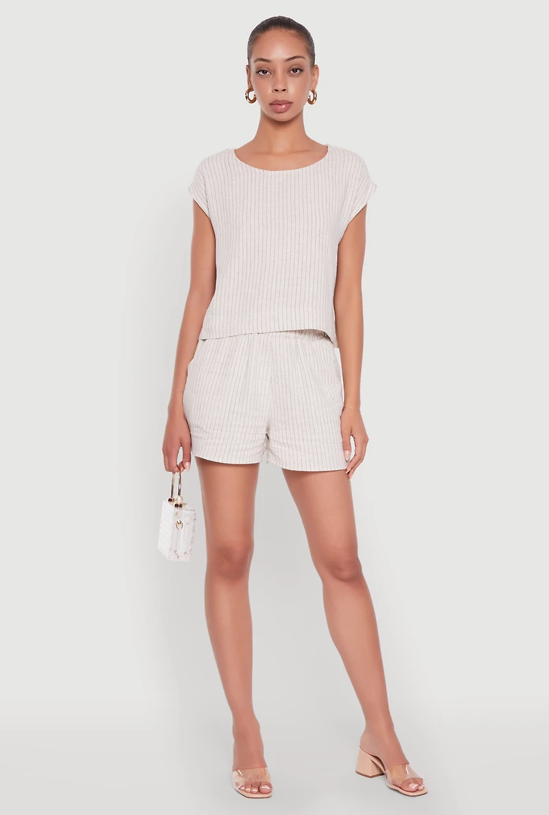 Womens Linen Pinstripe Scoop Neck Cap Sleeve Top, Beige, Size M