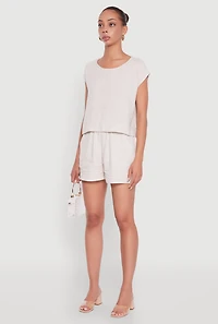 Womens Linen Pinstripe Scoop Neck Cap Sleeve Top, Beige, Size L