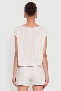 Womens Linen Pinstripe Scoop Neck Cap Sleeve Top, Beige, Size L
