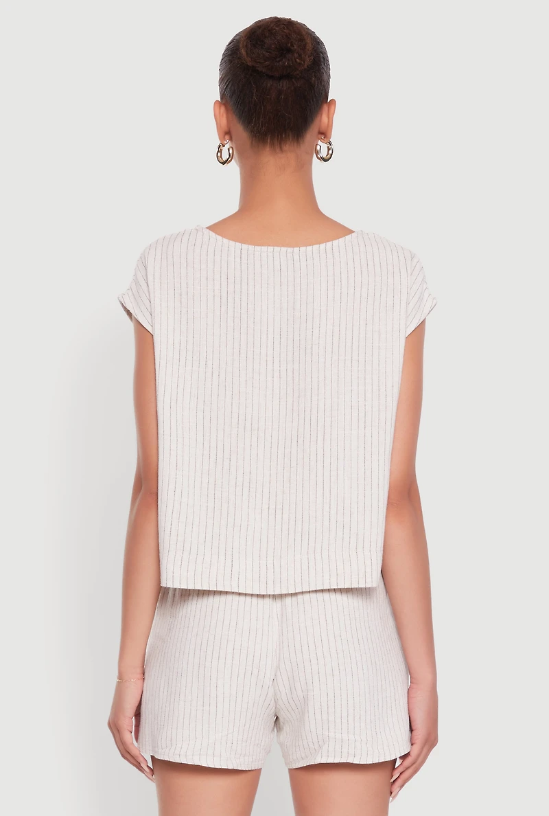 Womens Linen Pinstripe Scoop Neck Cap Sleeve Top, Beige, Size M