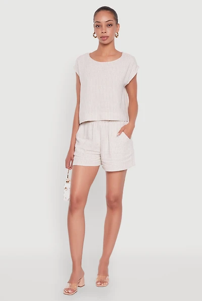 Womens Chic Linen Pinstripe High Waisted Shorts, Khaki, Size M