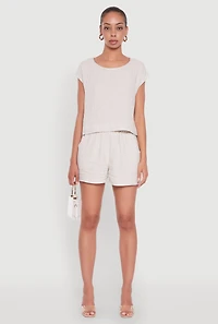 Womens Chic Linen Pinstripe High Waisted Shorts, Khaki, Size M