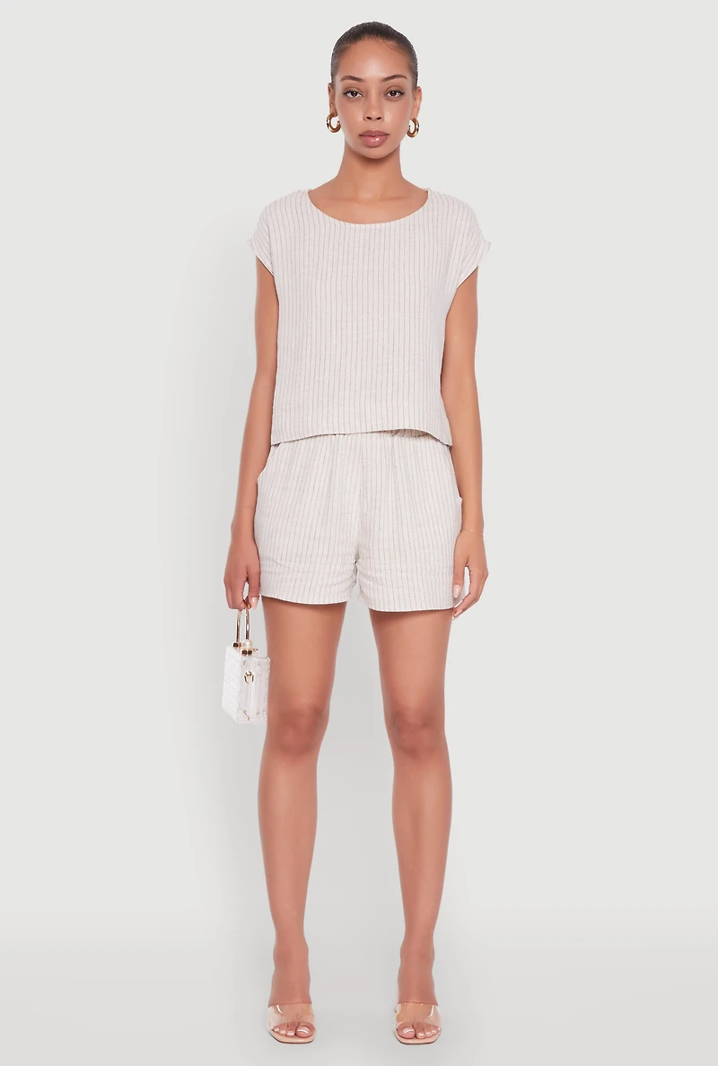 Womens Chic Linen Pinstripe High Waisted Shorts, Khaki, Size M