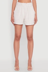 Womens Chic Linen Pinstripe High Waisted Shorts, Khaki, Size M
