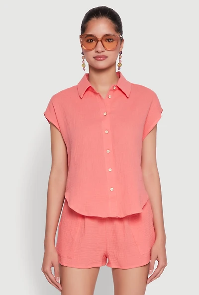 Womens Gauze Knit Button Front Shirt, Orange, Size L