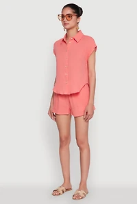 Womens Gauze Knit Button Front Shirt, Orange, Size L