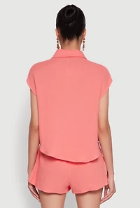 Womens Gauze Knit Button Front Shirt, Orange, Size L