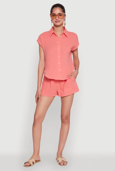 Womens Gauze Knit Drawstring Shorts, Orange, Size L