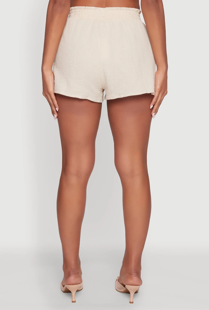 Womens Gauze Knit Drawstring Shorts, Khaki, Size M