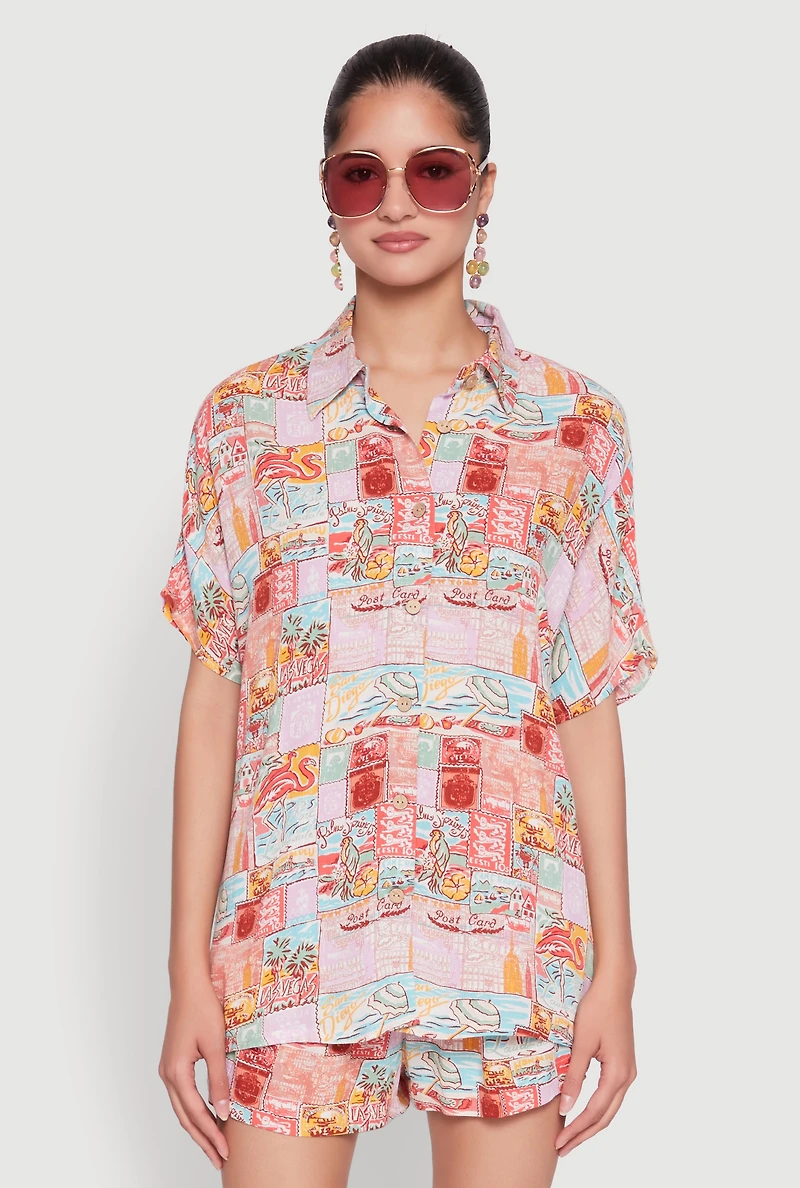 Womens Post Card Destination Print Shirt, Multi, Size L