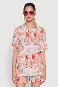 Womens Post Card Destination Print Shirt, Multi, Size L
