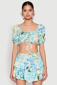 Womens Abstract Print Drawstring Keyhole Crop Top, Multi,
