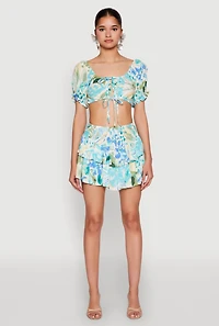 Womens Abstract Print Drawstring Keyhole Crop Top, Multi, Size M