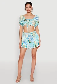 Womens Abstract Print Drawstring Keyhole Crop Top, Multi,