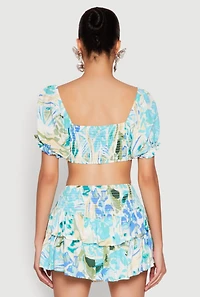 Womens Abstract Print Drawstring Keyhole Crop Top, Multi,