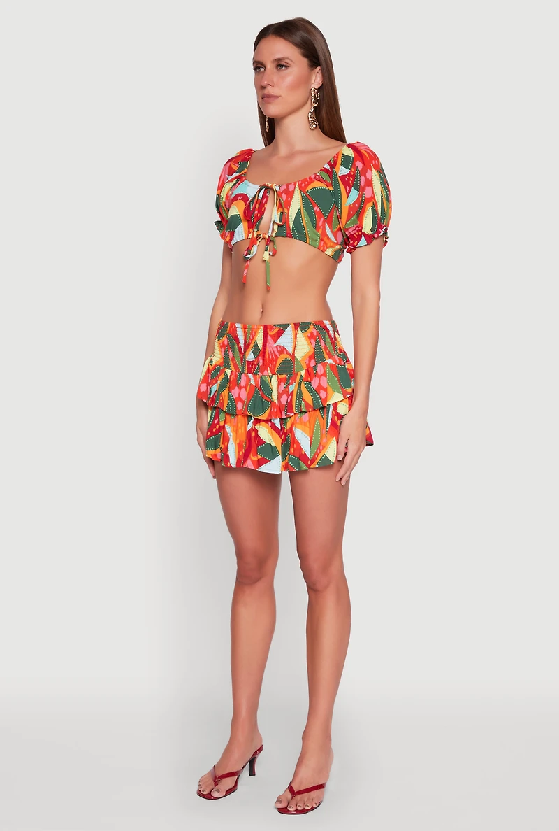 Abstract Print Drawstring Keyhole Crop Top