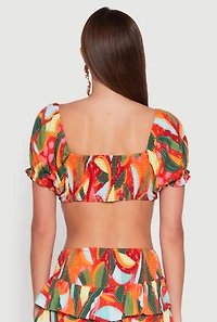 Womens Abstract Print Drawstring Keyhole Crop Top, Multi, Size S