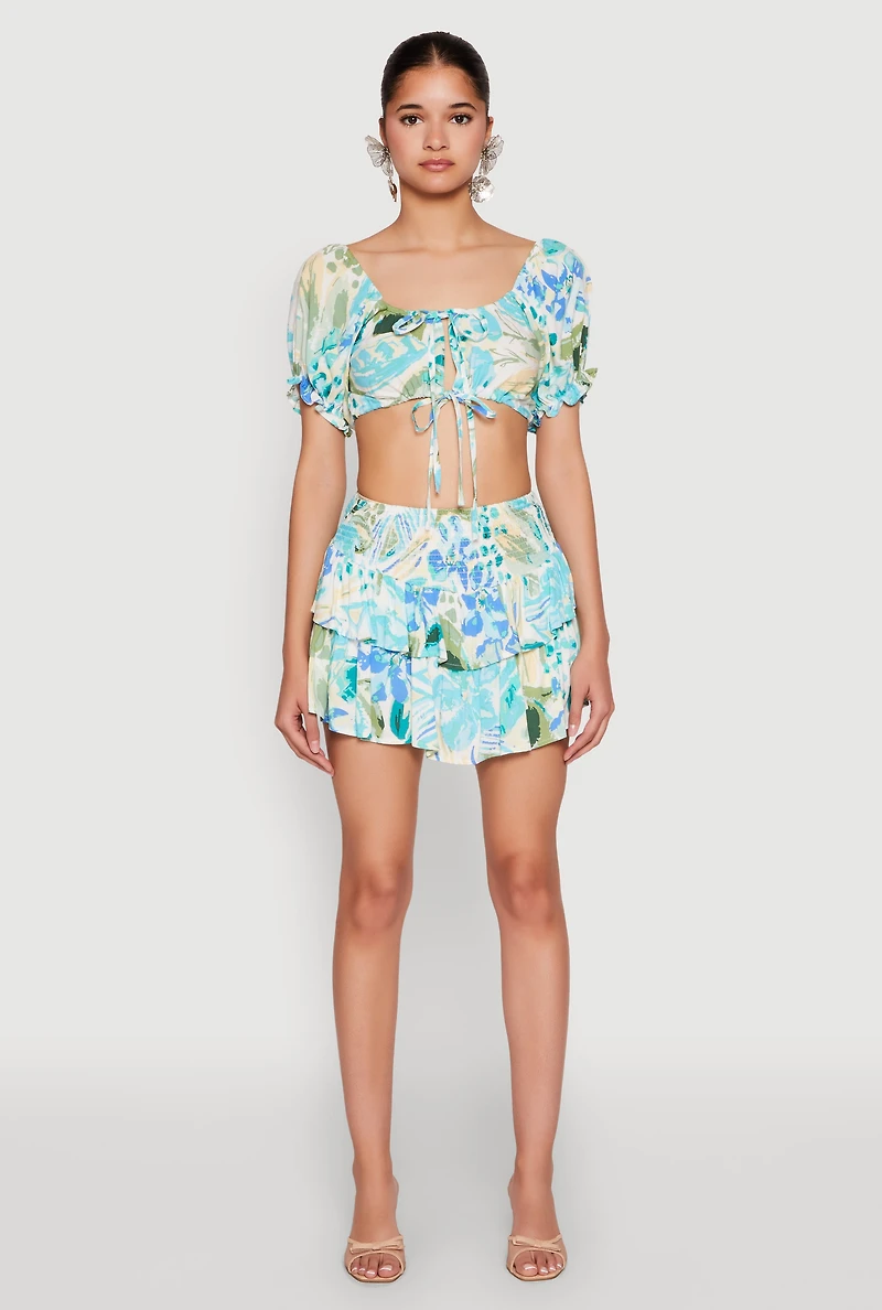 Womens Printed Smock Waist Tiered Skort,