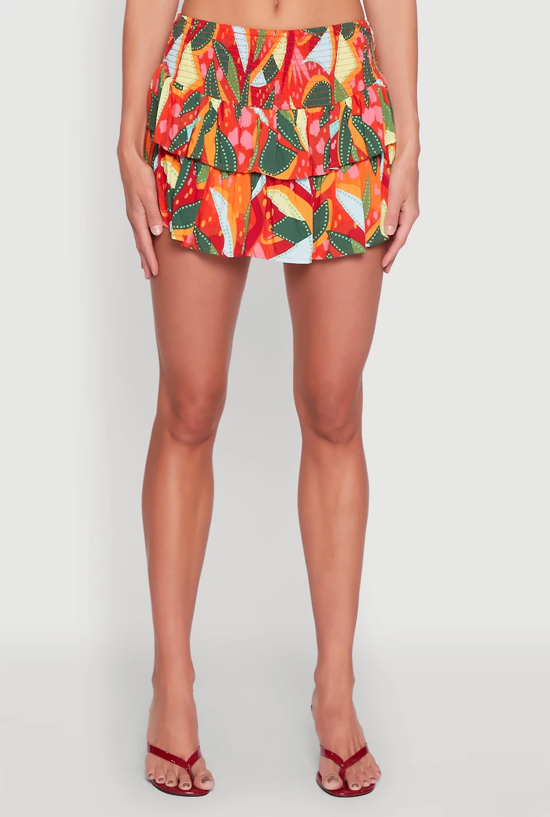Womens Printed Smock Waist Tiered Skort, Multi, Size M