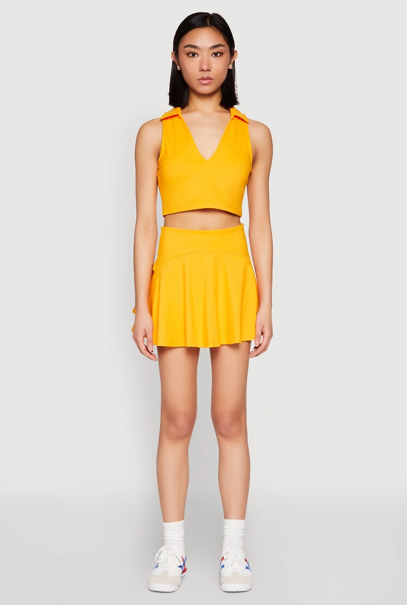 Womens Tiered Back High Waist Skater Skort, Yellow, Size S