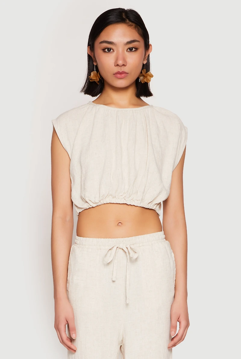 Womens Linen Ruched Elastic Hem Crop Top, M