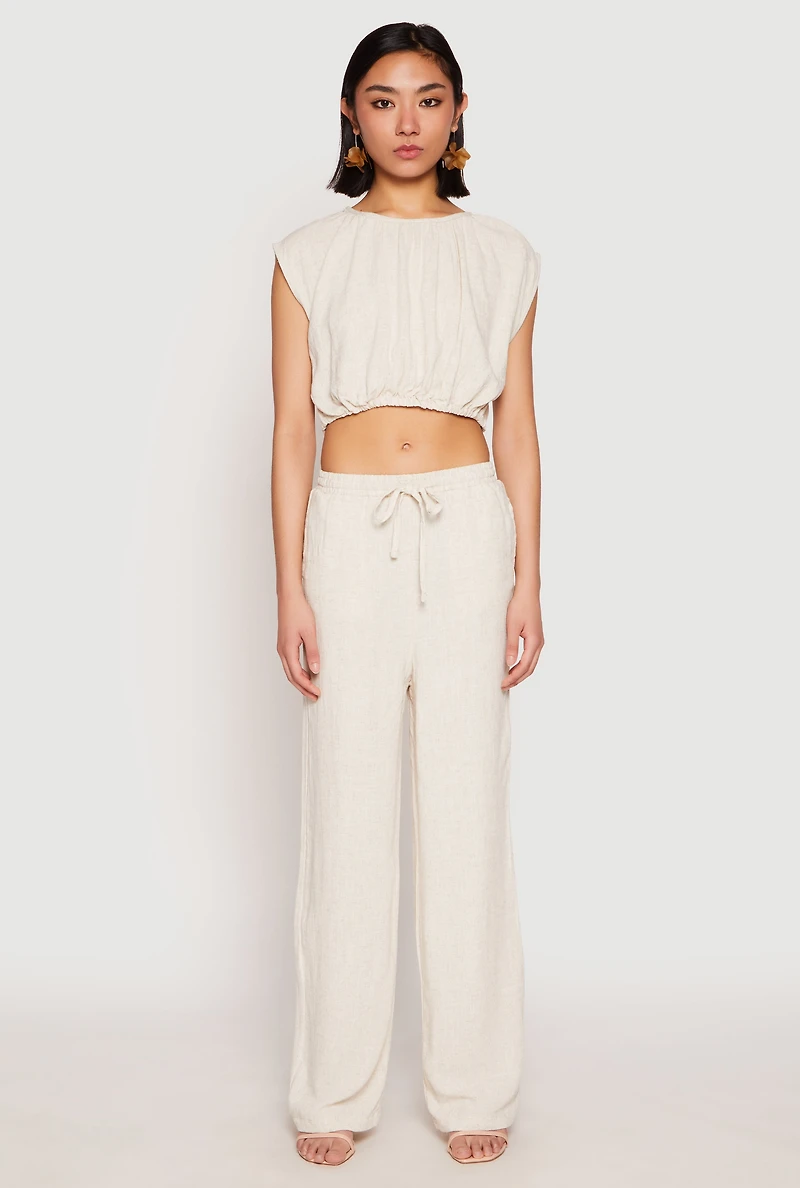 Womens Linen Ruched Elastic Hem Crop Top, Beige, Size M