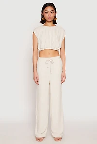 Womens Linen Ruched Elastic Hem Crop Top, Beige, Size M