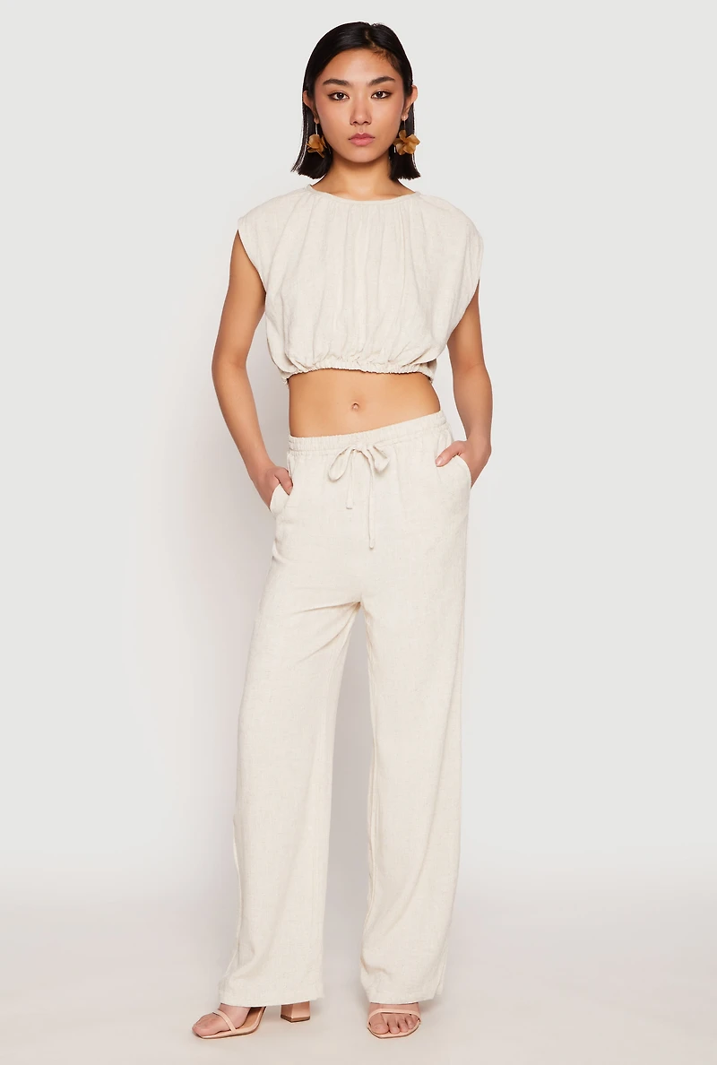 Womens Linen Ruched Elastic Hem Crop Top, Beige, Size M