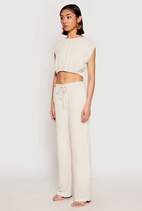Womens Linen Ruched Elastic Hem Crop Top, Beige, Size M