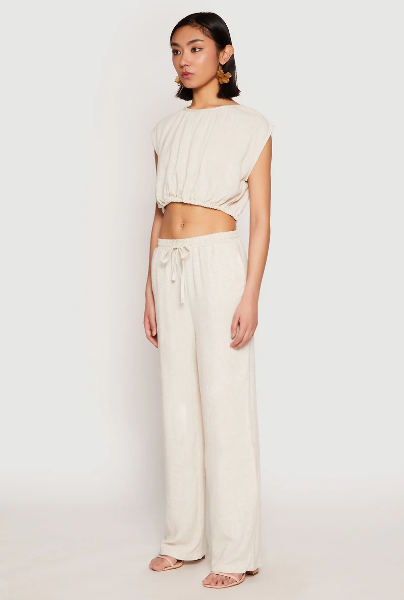 Womens Linen Ruched Elastic Hem Crop Top, M