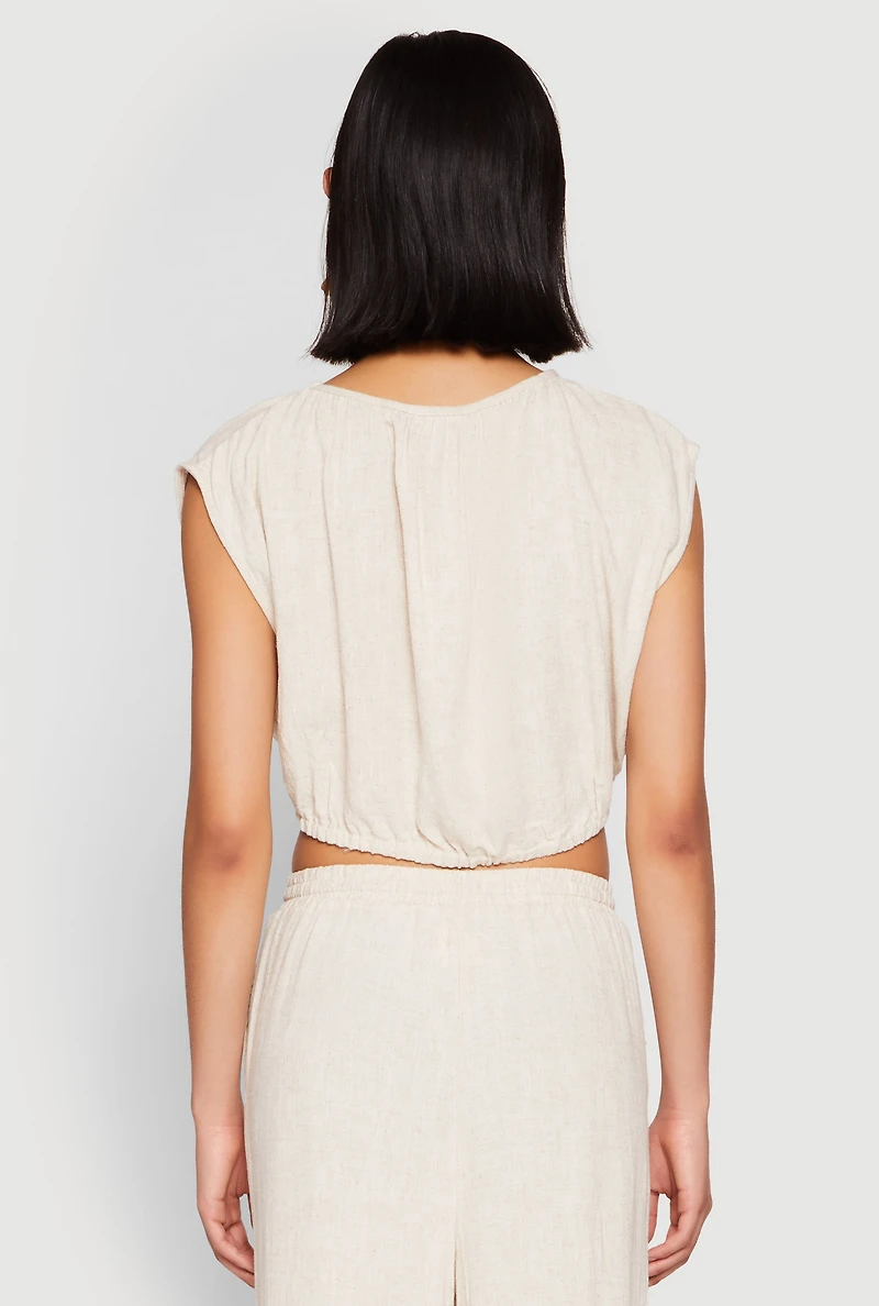Womens Linen Ruched Elastic Hem Crop Top, Beige, Size M