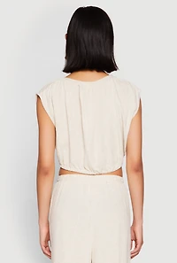 Womens Linen Ruched Elastic Hem Crop Top, Beige, Size M