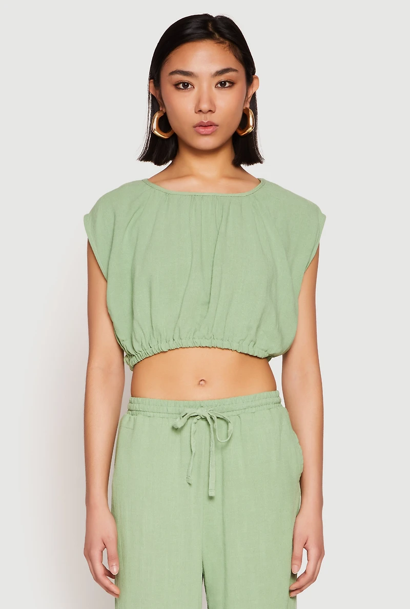 Womens Linen Ruched Elastic Hem Crop Top, Green, Size L