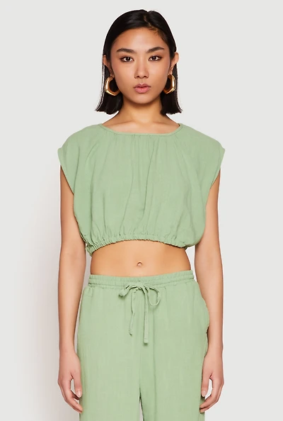 Womens Linen Ruched Elastic Hem Crop Top, Green, Size L