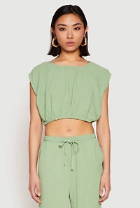 Womens Linen Ruched Elastic Hem Crop Top, Green, Size L