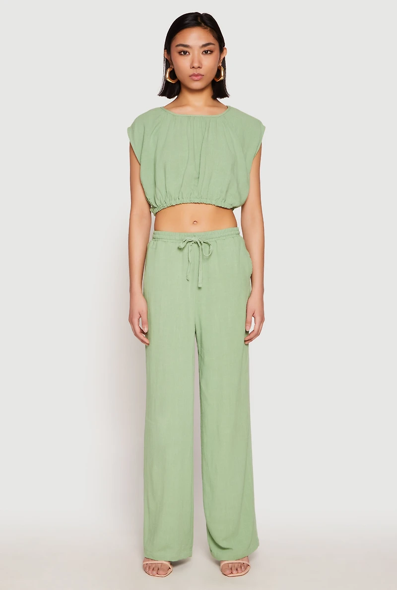 Womens Linen Ruched Elastic Hem Crop Top, Green, Size L