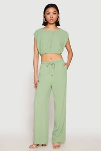 Womens Linen Ruched Elastic Hem Crop Top, Green, Size L